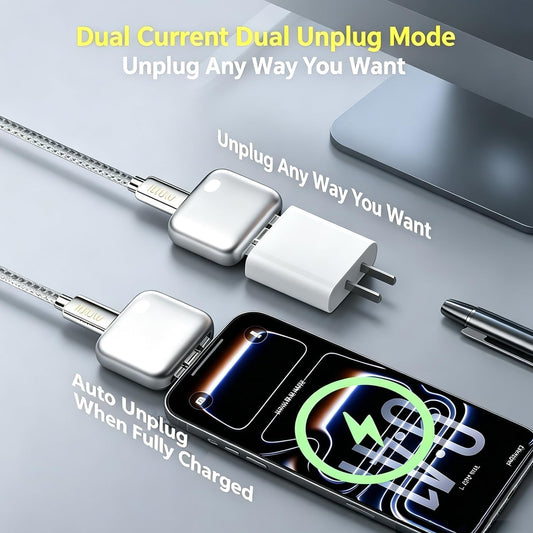 A metallic silver multi-port USB charger with a blue power button, shown with a coiled gray USB-C cable and a phone adapter demonstrating charging connections on a light gray background.