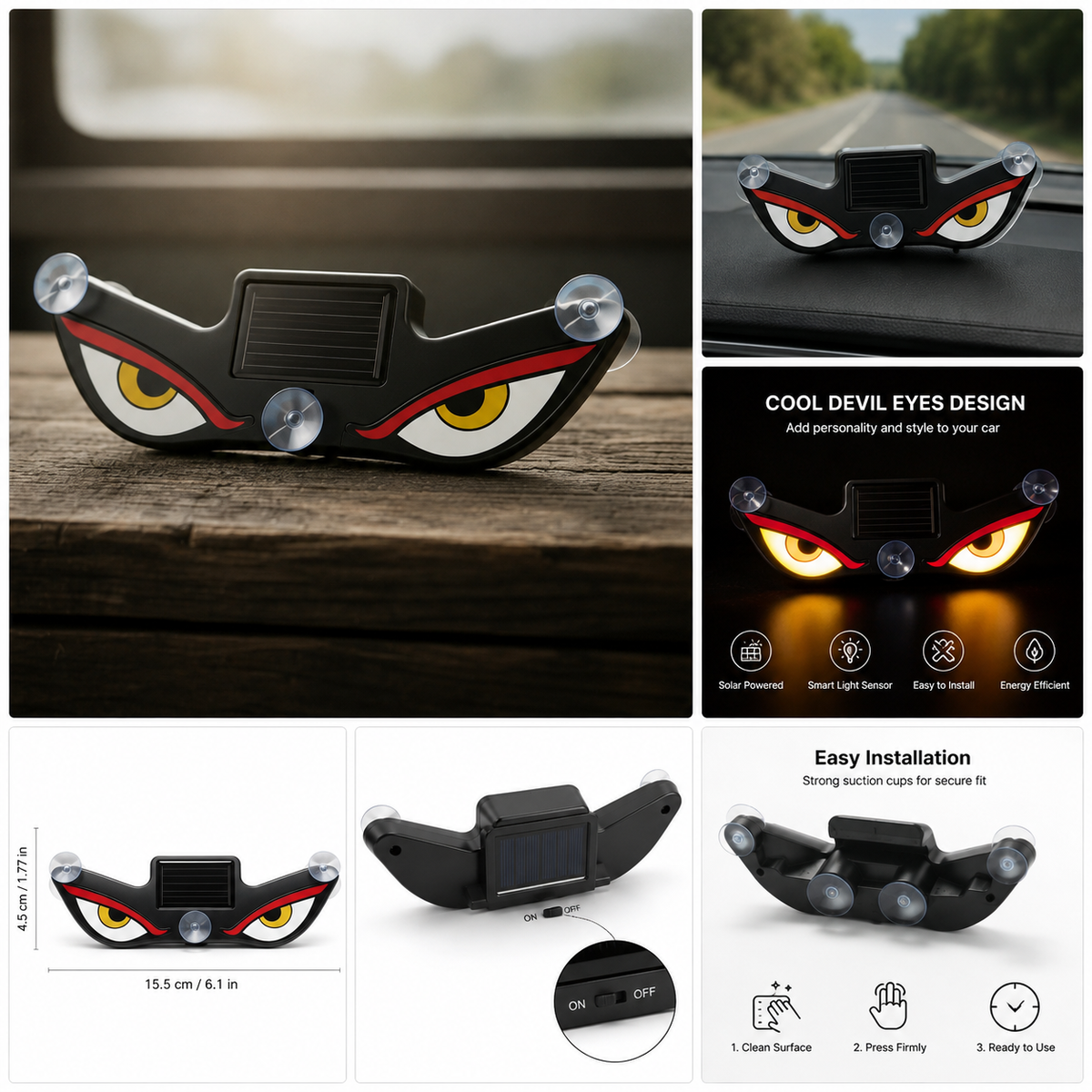 Solar powered Devil Eye Car Light by GEARPIX, featuring a bold devil eye design for universal vehicle decoration.
