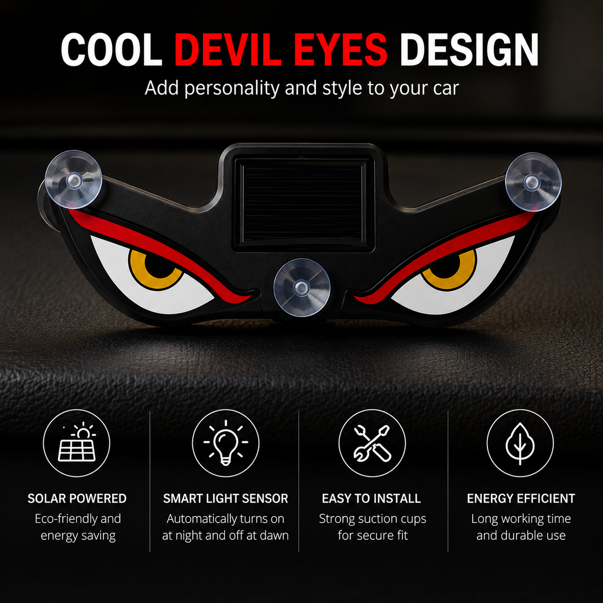 Solar powered Devil Eye car light by GEARPIX, featuring a red devil eye design, installed on a vehicle for decorative effect
