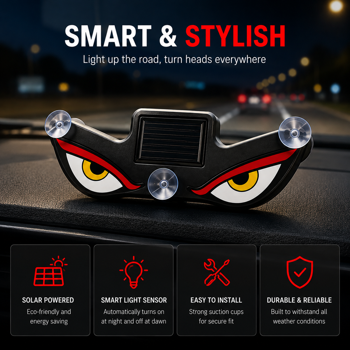 Solar powered Devil Eye car light by GEARPIX, showing a decorative red devil eye design on a black car exterior.