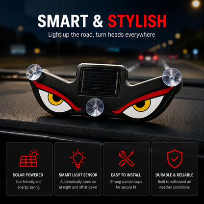 Solar powered Devil Eye car light by GEARPIX, showing a decorative red devil eye design on a black car exterior.