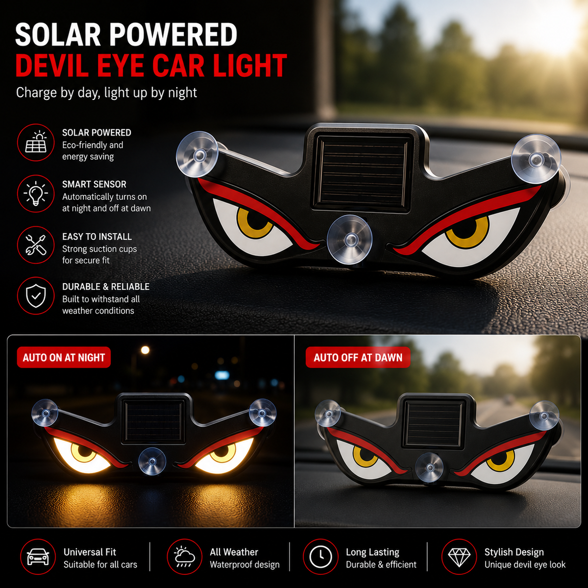 Solar powered Devil Eye car light by GEARPIX, featuring a fierce devil eye design for universal car decoration.