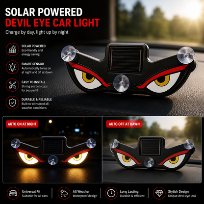 Solar powered Devil Eye car light by GEARPIX, featuring a fierce devil eye design for universal car decoration.