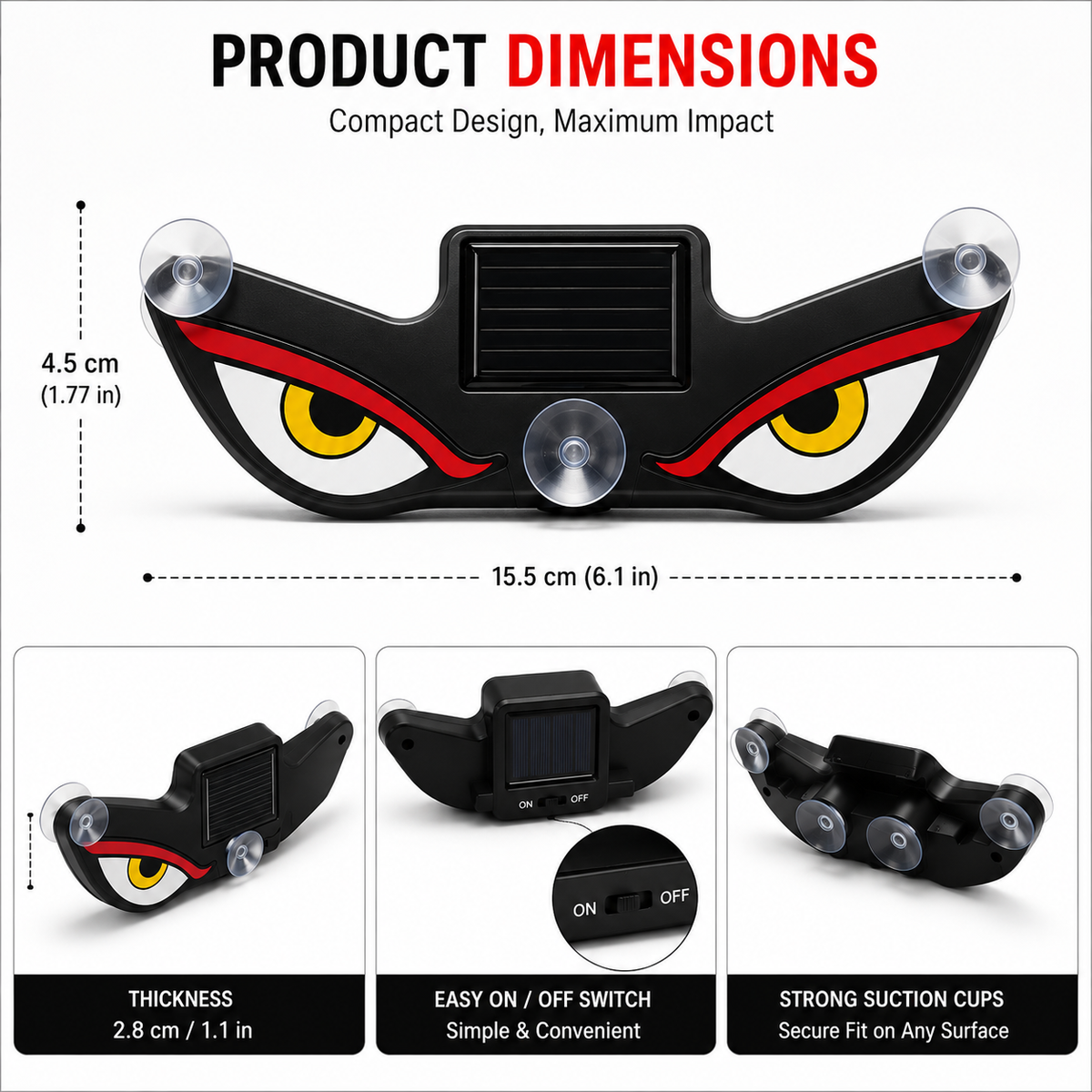 Solar powered Devil Eye car light by GEARPIX, featuring a red devil eye design for vehicle decoration and visibility.