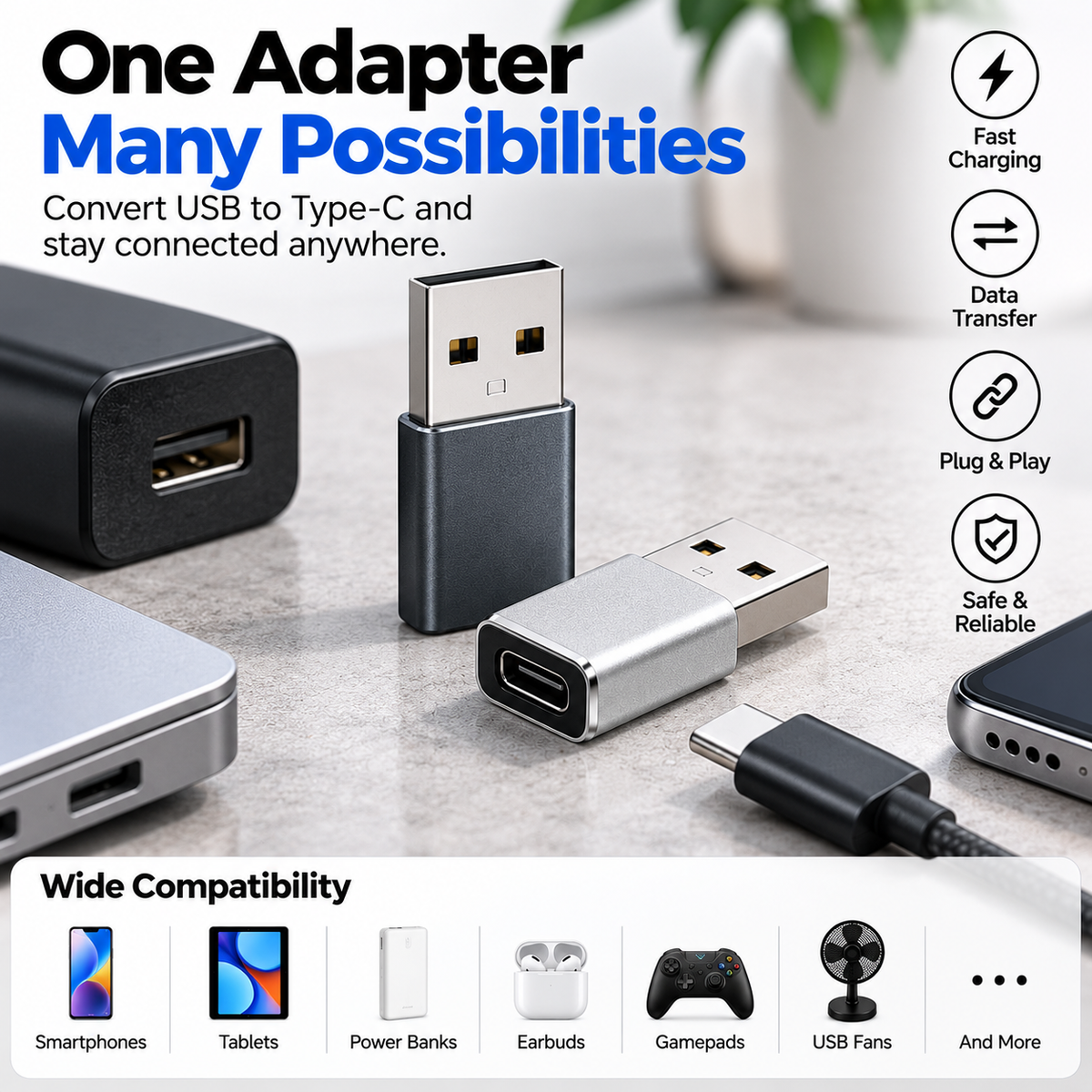 Gearpix USB A to Type C Adapter | Type C Charging Adapter & USB-C Female Converter