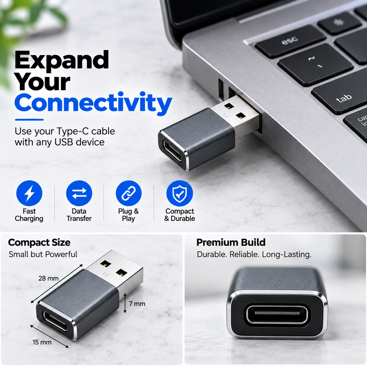 Gearpix USB A to Type C Adapter | Type C Charging Adapter & USB-C Female Converter