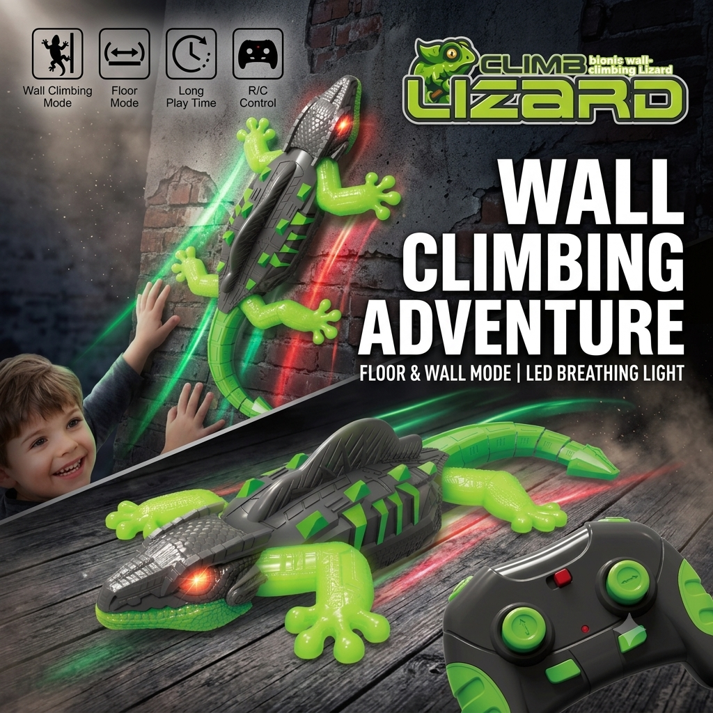 Remote control GEARPIX wall climbing RC lizard toy on a surface, showcasing its gravity-defying reptile design.