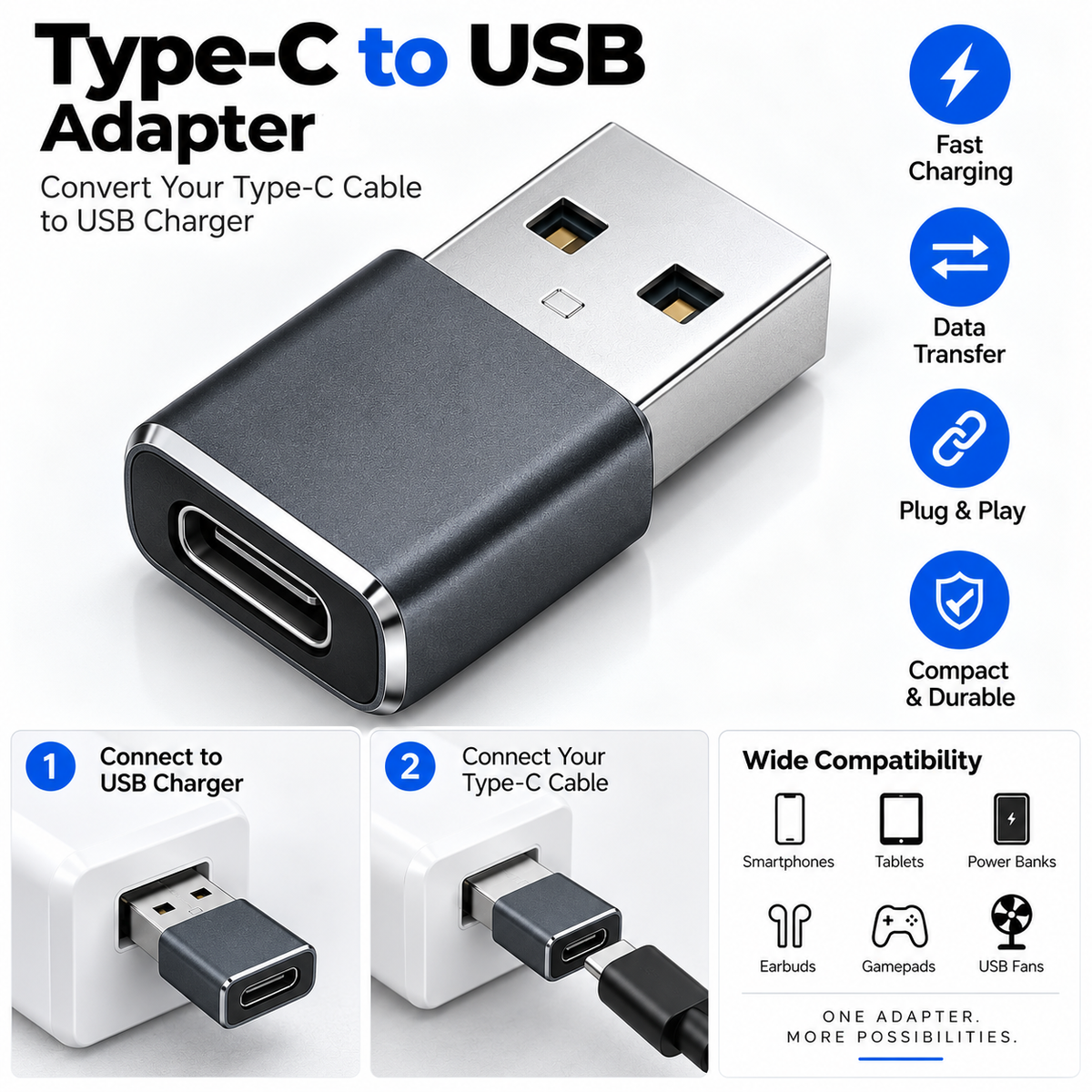 Gearpix USB A to Type C Adapter | Type C Charging Adapter & USB-C Female Converter